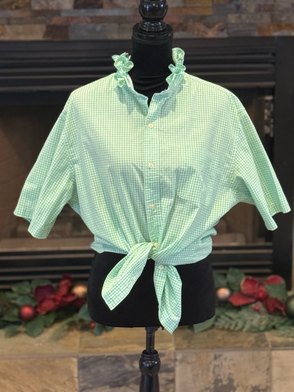 Upcycled Chaps Button Down - Green Gingham  Women's Top